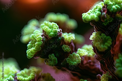 Vibrant green coral polyps unfurl against a dark, blurred aquatic background