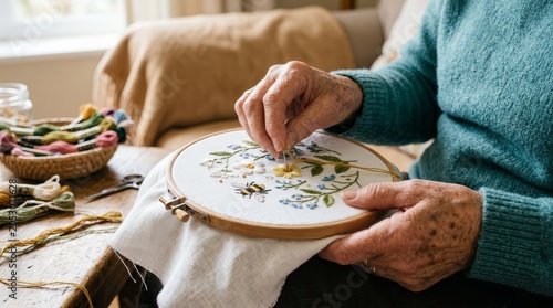 Close up of an elderly woman's hands performing needlework embroidery with a wooden hoop.