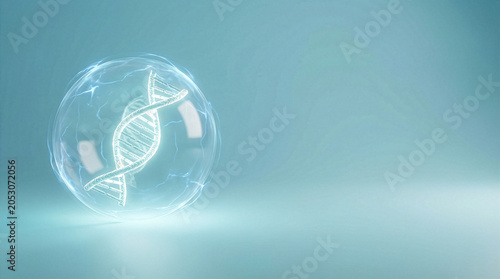 Glowing 3D DNA double helix inside transparent sphere on blue background