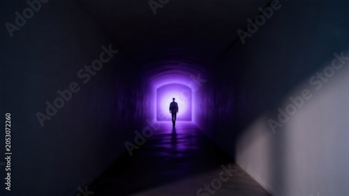 Person walking in a purplelit tunnel
