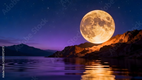 Large moon over mountainous landscape