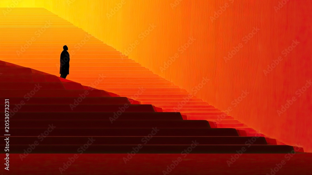 Obraz premium Silhouette ascends a bright, geometric staircase bathed in warm, fiery light