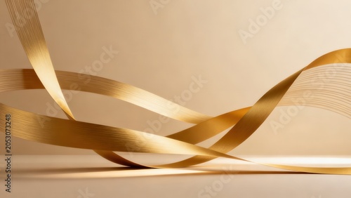 Golden flowing ribbons on beige background