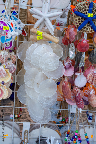 Handcrafted Seashell Ornaments Hanging in a Turkish Souvenir Market