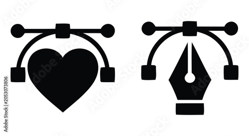 Valokuva Heart shaped and pen nib vector icons with bezier curve handles on a white backg