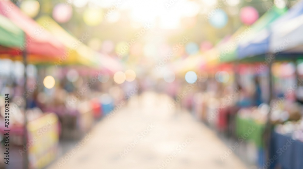 Fototapeta premium Blurred rows of bright market tents recede along a sunlit pedestrian lane, creating a soft abstract background with strong copy space and colorful bokeh.