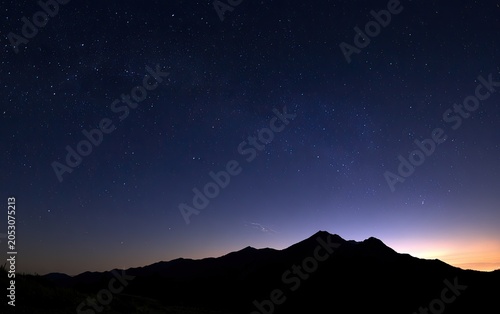 Silhouetted mountain range under a vast, starry night sky