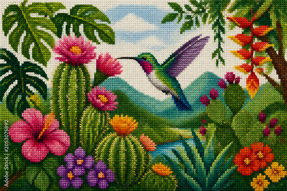 Fototapeta premium A vibrant tapestry depicts a lush jungle scene with colorful flowers, cacti, and a hummingbird flying over rolling hills under a blue sky.