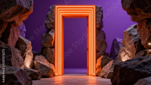 Neon door framed by rocks