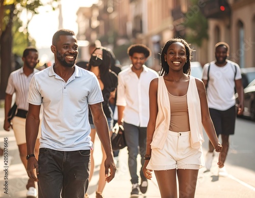 Group of diverse people walking and smiling on a sunny city street