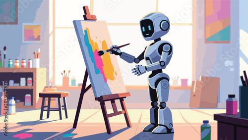 Robot artist painting a colorful abstract in a sunlit studio setting robot artist.