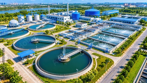 Modern Wastewater Treatment Plant with Clarifiers and Water Purification Infrastructure Aerial View