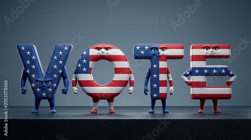 VOTE with Character: Four anthropomorphic letters spelling VOTE, each adorned with the Stars and Stripes, stand ready to represent the voice of the people in a bold and patriotic display.