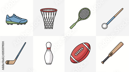 Photos Assorted sports equipment and gear illustration.