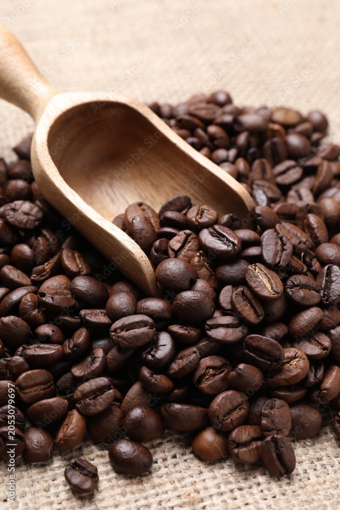 Fototapeta premium Aromatic coffee beans and scoop on burlap fabric, closeup