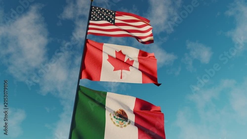 USA, Canada, and Mexico flags on one pole for world soccer 2026 sport competiti