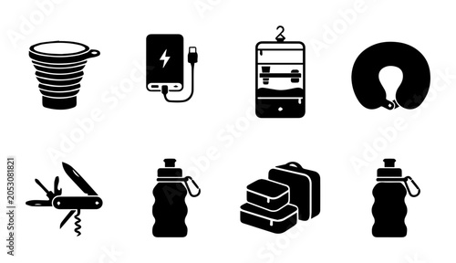 Tableau sur toile Travel Accessories Icons: Portable Charger, Neck Pillow, Multitool, Collapsible