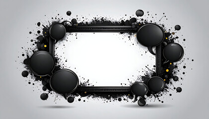 black distressed frame with splatter and round elements, grunge border design, empty space for text