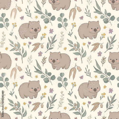 Cute Kawaii Baby Wombat Seamless Nursery Pattern
