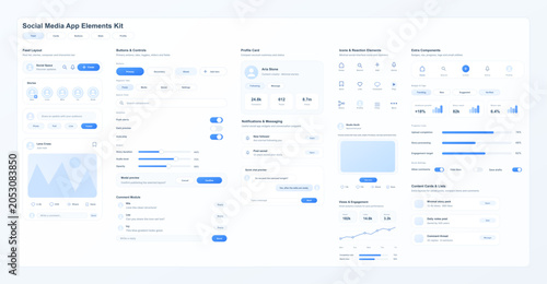 Social media app elements kit with UI components. Clean social media UI kit featuring feed layout, profile card, buttons, icons, messaging, reactions and stats widgets. Vector UI graphic box for app.