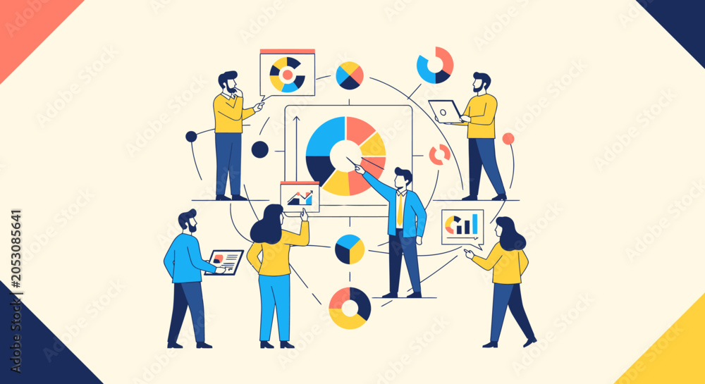 Fototapeta premium Professional business people collaborate in a modern flat vector office setting.