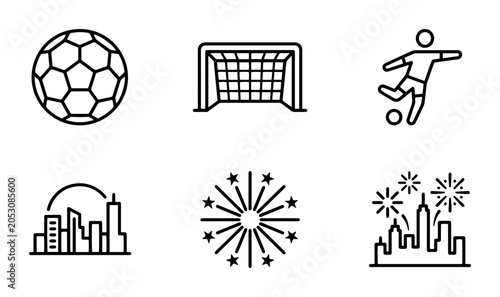 Soccer Icons Set, Cityscape Graphics, Fireworks Vector Elements, Sports and Celebration Graphics