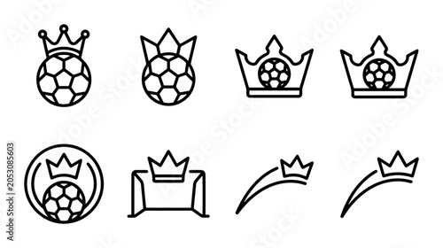 Soccer Crown Icons, Football Royalty Emblems, Sport Championship Badges, Victory Crests, Set