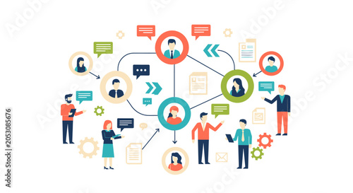 Professional business people collaborate in a modern flat vector office illustration with network connections.