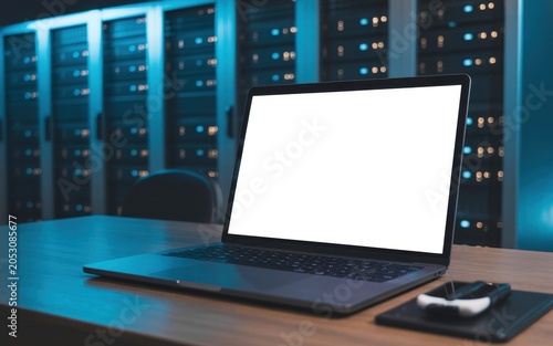 Laptop featuring a blank screen rests on a desk in front of a server room filled with glowing network equipment racks.