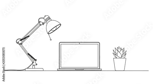 Modern minimalist desk setup with laptop, lamp, and plant