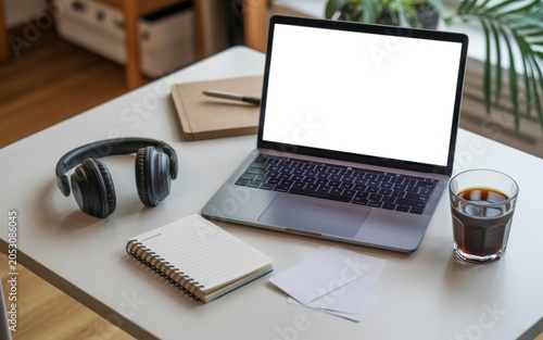Laptop with a blank white screen displays mockups alongside coffee, headphones, and a notepad on a clean office desk.