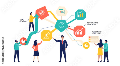 Schilderij op canvas Professional business people in a modern office setting, engaged in teamwork and collaboration with a flat vector illustration