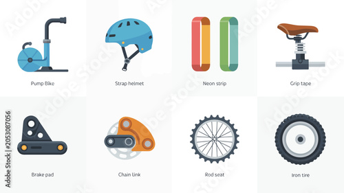 Fotografija Illustrations of various bicycle parts and accessories.