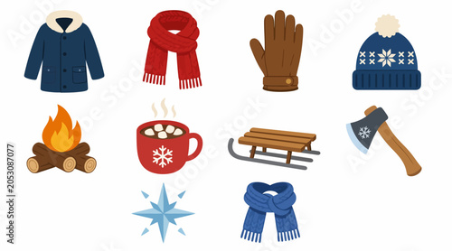 Bild auf Leinwand Winter clothing and camping items collection.