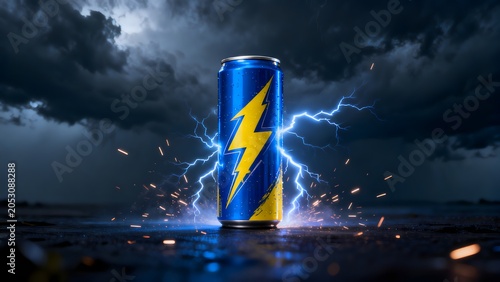 Blue energy drink can with lightning