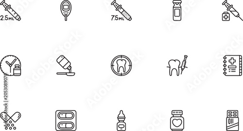 Foto Dental Care, Clinical Medicine, and Pharmacy Health Line Art Icon Set Featuring