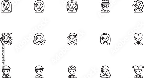 Foto Female Avatar and Historical Character Line Art Icon Set Featuring Doctors, Phar
