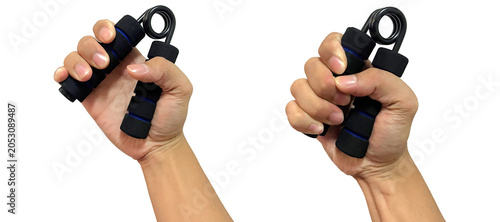 Bild auf Leinwand Hand gripping adjustable spring hand gripper in open and closed positions, demon