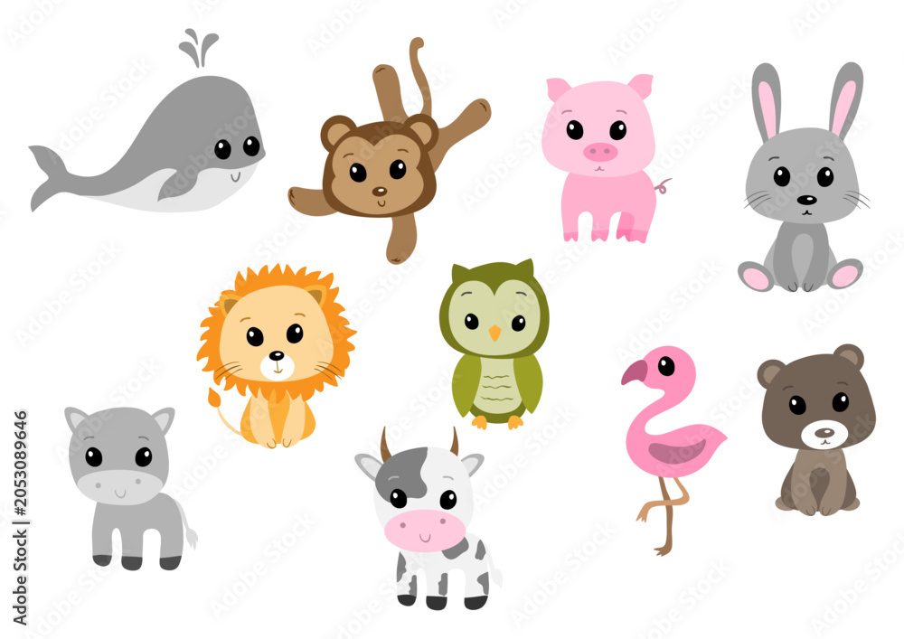 Obraz premium Cute Animal Collection Vector Set Cartoon Wildlife and Farm Animals Illustrations