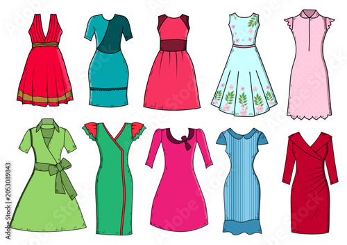 Womens Gown Vector Collection Elegant Fashion Dress Hand Drawn Set