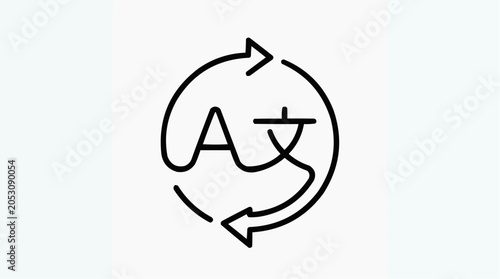 Language Translation Icon: A minimalist line art icon depicts a circular arrow symbol surrounding the letters 'A' and '文' (Chinese character for text).