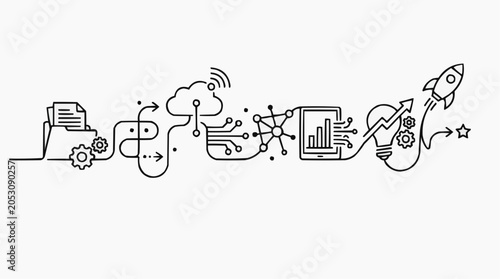 Technology Flow: A minimalist, one-line illustration depicts the interconnected journey from data management and cloud computing to analytics and a rocket launch, symbolizing innovation and progress.
