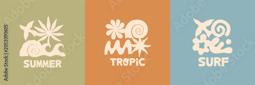 Surf vintage prints with ocean waves,sun shapes,organic nature forms,birds,palm.Summer surf aesthetic.Retro summer graphics for posters,stickers,apparel prints,surf branding,packaging,social media.