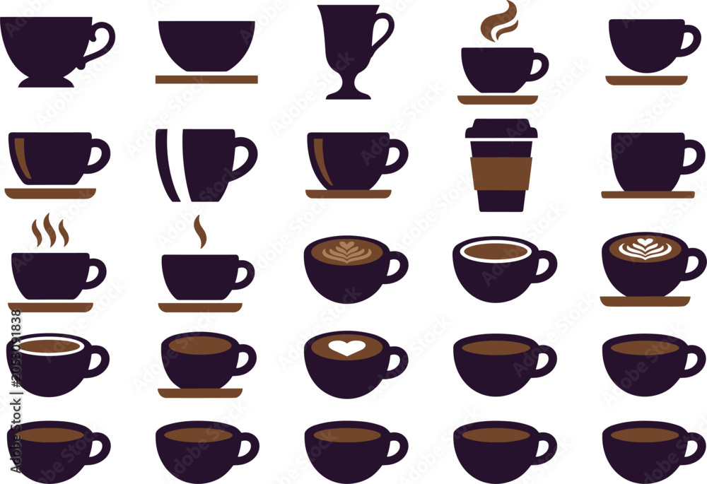 Fototapeta premium Coffee cup silhouette vector set with hot beverage icons espresso mugs latte art and takeaway cups