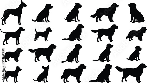 Foto Dog breed silhouette vector set with various domestic purebred dogs standing and