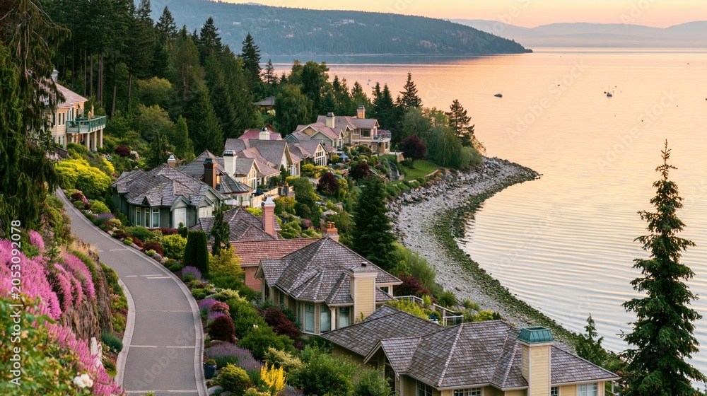 Naklejka premium Coastal residential community on a hillside at sunset