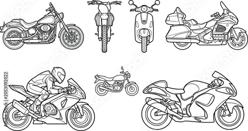 Schilderij op canvas Motorcycle line art vector icon set featuring chopper cruiser touring bike scoot