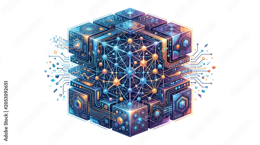 Obraz premium Futuristic digital cube featuring complex glowing circuit patterns and intricate networking nodes on white background