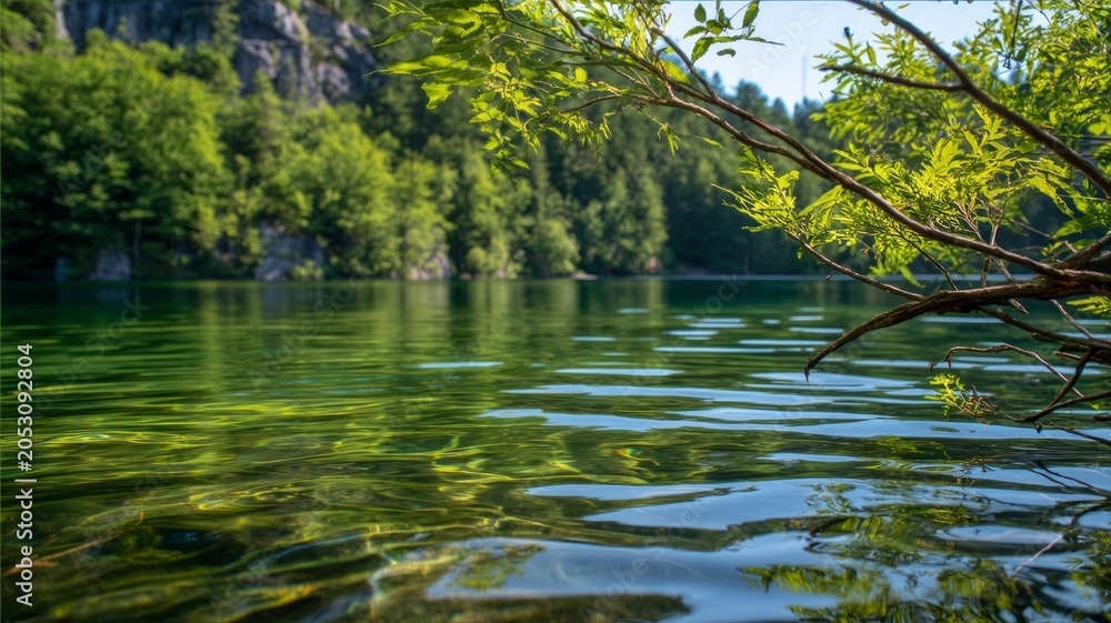 Obraz premium Serene lake with overhanging trees in sunlit forest. AI generated