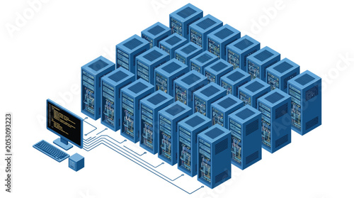 Many blue server racks connected to a computer monitor displaying code in an isometric view